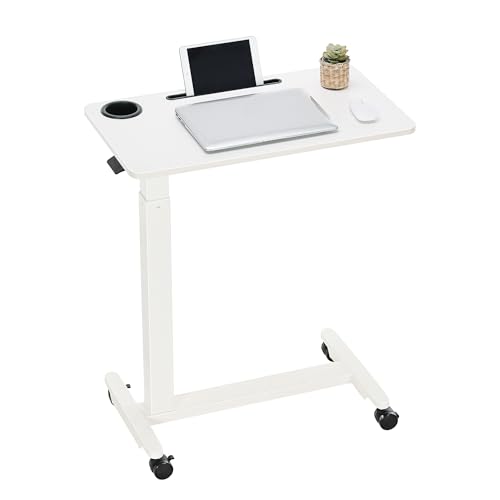 Adjustable Overbed Table with Wheels, Over Bed Tray with Cup Holder | Rolling Medical Adjustable Height Standing Laptop Desk, Portable Hospital Bedside Tables, Pneumatic Computer Cart| White - color: White