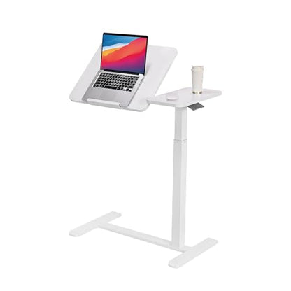 Adjustable Tilt Overbed Table with Hidden Wheels, Mobile Standing Laptop Desk, Portable Pneumatic Computer Cart, Rolling Medical Bed Side Table for Hospital and Home Use, White