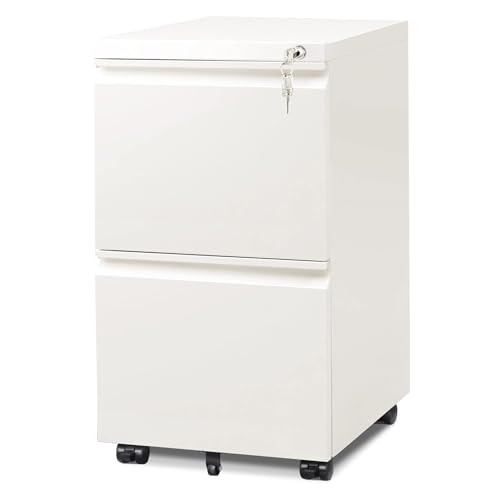 DEVAISE 2 Drawer File Cabinet with Lock for Home Office, Fully Assembled | Under Desk Metal Filing Cabinet with Wheels, Fits Letter/Legal/A4 Size, White - color: White, size: 17"D x 15"W x 27"H