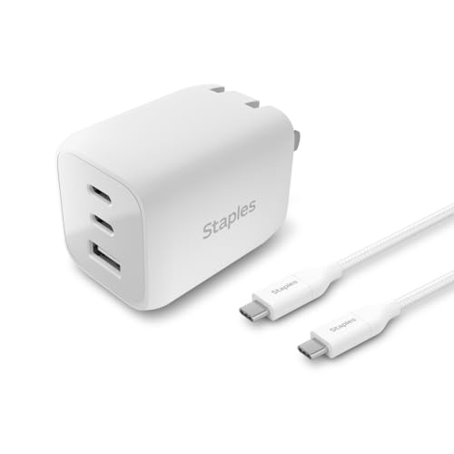 Staples TECH GaN Wall Charger, 65W – USB‑A & USB‑C Fast Charging, Includes Charging Cable, Compact Power Adapter for iPhone, Samsung, iPad & USB‑C Devices - style: 65 Watt