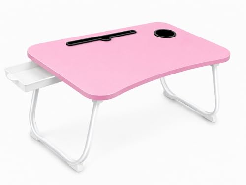 Multi-Feature Lap Desk with Cup Holder Tablet Slot and Storage Drawer - Portable Foldable Laptop Table for Bed Sofa and Floor - Metal Folding Legs 4 Colors - color: Pink