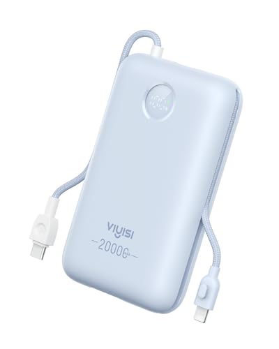 VIYISI Portable Charger 20000mAh 30W Fast Charging, Sky Blue Cute Power Bank with Built-in USB C & Lighting Cables, Compact Aesthetic Battery Pack Compatible with iPhone 17 16 15 Pro Max iPad, iPod - color: Blue