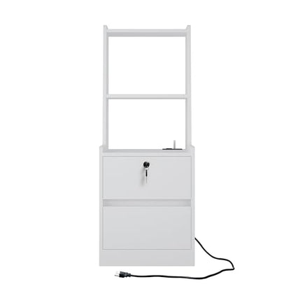 Modern Smart Nightstand with Night Light & Charging Station, Night Stand with Bookshelf, Lockable Bedside Cabinet Tables with 2 Storage Drawers for Bedroom Home Office - color: White