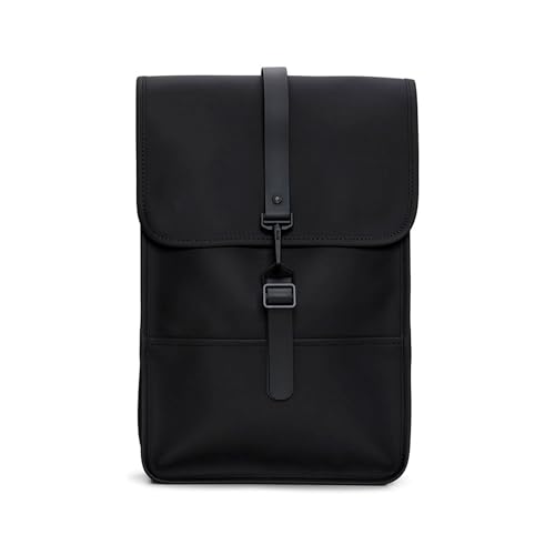 RAINS Backpack Mini, Black Waterproof Laptop Bag for Women and Men, Small | Small waterproof backpack in black with a 15 in laptop pocket, flap, and carabiner - a mini daypack for women and men - color: Black, size: Mini