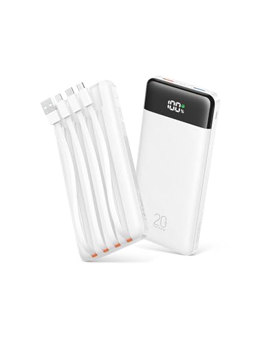 Orfeika 20000mAh Power Bank Fast Charging, Portable Charger with 4 Built-in Cables & 6 Outputs, 20W PD USB C Battery Pack Compatible with iPhone 16/15, Galaxy, Android, iPad & More (Travel Essential) - color: White