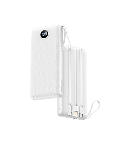 VRURC Portable Charger 20000mAh, Built-in Cables Fast Charging Power Bank, PD QC 3.0 Travel Essentials Battery Pack, 4 Output & 2 Input Phone Charger for iPhone16 15 14 13 X, Samsung, Android - color: White