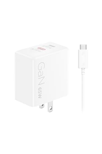 Lenovo Dual USB-C 65W GaN Charger, 2 USB-C Ports, for Laptops/Tablets & Phones & More, Compact Size, Foldable Plug, Includes 1.5m USB C Cable, Model/Type: CC65, White - color: White