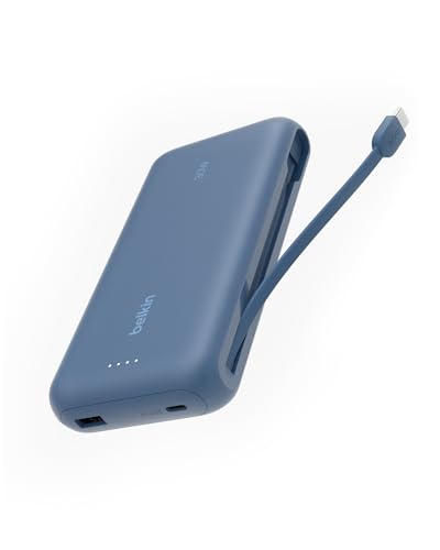 Belkin 20000mAh 30W USB C Power Bank, Portable Charger for iPhone & iPad | Fast Charging, Integrated USB C Cable, Eatra USB C Port, iPhone 17, iPad, Samsung Galaxy S26, Charge 2 Devices - color: Blue, style: 20K mAh