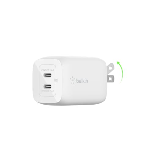 Belkin 65W Dual GaN USB C Charger Block, Fast Charging for Travel | PD 3.0 Fast Charging, Samsung Galaxy S26, iPhone 17, Air, Pro, Pro Max, iPad, MacBook, AirPods - style: 65W White