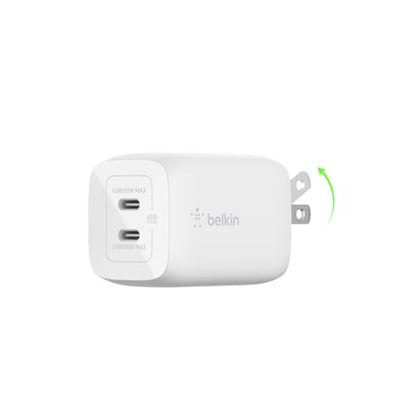 Belkin 65W Dual GaN USB C Charger Block, Fast Charging for Travel | PD 3.0 Fast Charging, Samsung Galaxy S26, iPhone 17, Air, Pro, Pro Max, iPad, MacBook, AirPods - style: 65W White