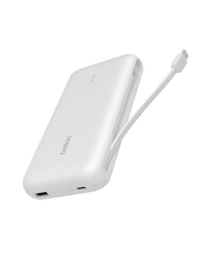 Belkin 20000mAh 30W USB C Power Bank, Portable Charger for iPhone & iPad | Fast Charging, Integrated USB C Cable, Eatra USB C Port, iPhone 17, iPad, Samsung Galaxy S26, Charge 2 Devices - color: White, style: 20K mAh