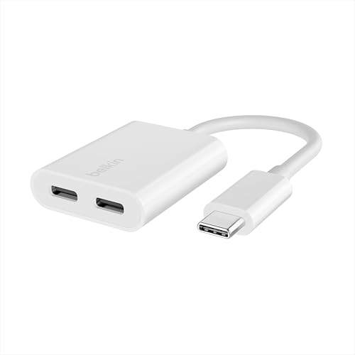Belkin Rockstar USB-C Audio + Charge Adapter, Headphone Adapter w/USB-C 60W Power Delivery Fast Charging for iPhone, iPad Pro, Galaxy, Note, Google Pixel, LG G6, Sony Xperia, OnePlus, & More - White - color: White, size: USB-C, style: USB-C Audio + USB-C