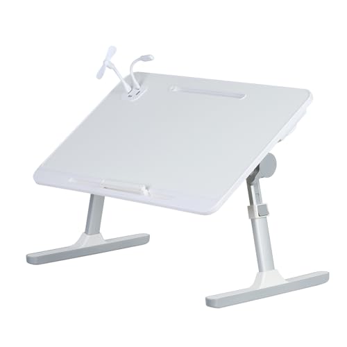 Laptop Bed Tray Table, Height Angle Adjustable Laptop Bed Stand Portable Lap Desk with Foldable Legs USB Fan Small Light for Kids Adult Foldable Lap Tablet Table for Sofa Couch White - color: White