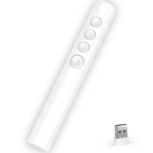 Wireless Presentation Clicker for Powerpoint Slideshow, Office/Classroom PPT Remote Presenter Pointer Slide Advancer with USB Receiver for Computer/MacBook Laptop/PC White Red Light - color: White