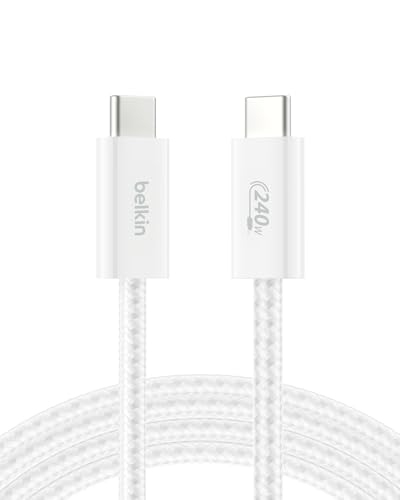 Belkin USB C to USB C 240W Braided Cable 6.6ft Fast iPhone Charger Cord | iPhone 17, Samsung Galaxy S26, Pixel 10, Airpods, iPad, Nintendo Switch 2, MacBook, Steam Deck, Travel, Chromebook, Braided - color: White, style: 6.6 ft