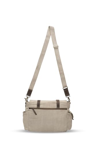 Easton Crossbody Messenger Bag | Denim Canvas Laptop Bag with Leather Accents | Multi Pocket Shoulder Bag - color: Fade Beige