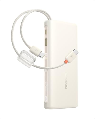 Baseus Portable Charger with Built in Cable, 100W Laptop Power Bank 20000mAh, Travel Essential Fast Charging USB C Battery Pack for MacBook, iPhone 17/16 Series, Samsung Galaxy S25/24, TSA-Approved - color: White