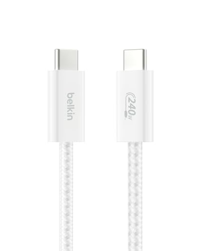 Belkin USB C to USB C 240W Braided Cable 3.3ft Fast iPhone Charger Cord | iPhone 17, Samsung Galaxy S26, Pixel 10, Airpods, iPad, Nintendo Switch 2, MacBook, Steam Deck, Travel, Chromebook, Braided - color: White, style: 3.3 ft
