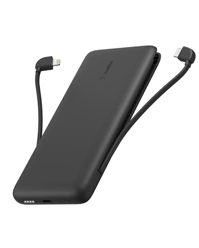 Belkin Portable Charger Power Bank for iPhone/Android (10,000mAh), 23W Battery Pack with Integrated USB-C, Lightning Cables, Pass-Through Capability, Charge 2 Devices at Once, Phone Charger Power Bank - color: Black