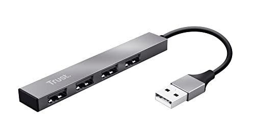 Trust Halyx 4 Port Mini USB Hub for PC Laptop Mac, Silver | Aluminium Lightweight Data Hub, Slim Portable USB 2.0 Splitter
