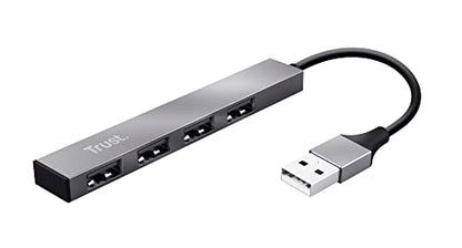 Trust Halyx 4 Port Mini USB Hub for PC Laptop Mac, Silver | Aluminium Lightweight Data Hub, Slim Portable USB 2.0 Splitter