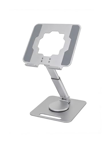 Laptop Stand, Height Adjustable 360° Swivel Anti-Wobble Base | Ergonomic, dual-axis, aluminum arm, carbon steel base, hollow cooling panel, fits 10-17" laptops, foldable, home office - color: silver