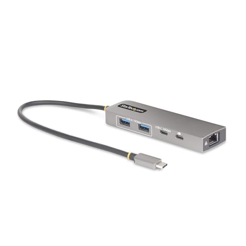 StarTech 3-Port USB-C Hub, 10Gbps, with 2.5GbE and 100W PD Pass-Through | 2.5Gbps Ethernet, Attached 1ft 30cm TPE cable, Portable, Wake-on-LAN RJ45, MAC address cloning, For MacBook iPad