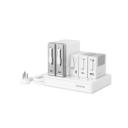 Gitryin Laptop Charging Station, 2 * 140W, 65W, 2 * 40W Retractable Lightning, USB C Chargers, 1 Lightning, 1 USB A, 8 Type C Ports with Cooling Power Strip, 425W Charging Hub