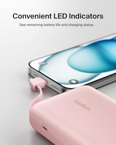 Belkin 10000mAh 20W USB C Power Bank, Portable Charger for iPhone & iPad | Fast Charging, Integrated USB C Cable, Eatra USB C Port, iPhone 17, iPad, Samsung Galaxy S26, Charge 2 Devices - color: Pink, style: 10K mAh
