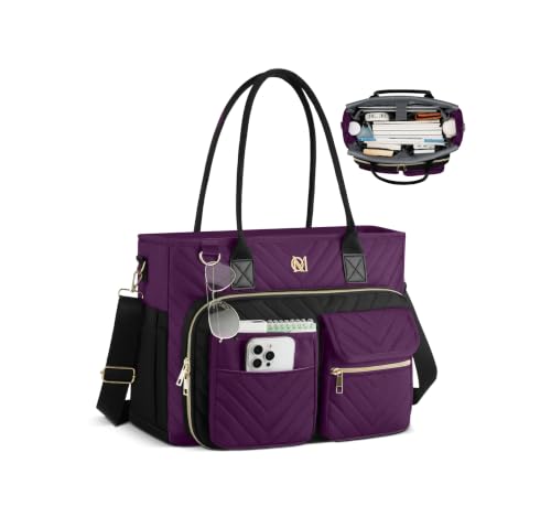 Teacher Tote Bag for Women,Laptop Work Bag for Business Travel,Quilted Nurse Bible Computer Bag Briefcase Gift - color: Blackpurple, size: 15.6 inch