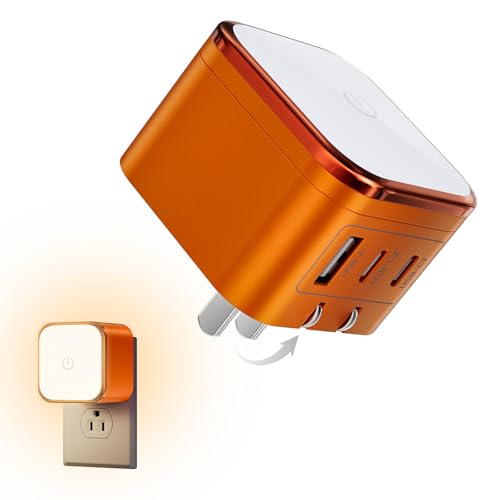 USB C Charger Block, 45W GaN Wall Charger with Touch-Control Night Light | Orange, 3 Port, Foldable Plug, PD PPS Support, Travel and Office Use, iPhone 17/16, Galaxy S26/S25, Pixel, iPad, MacBook - color: Orange, size: 45W-3 Ports