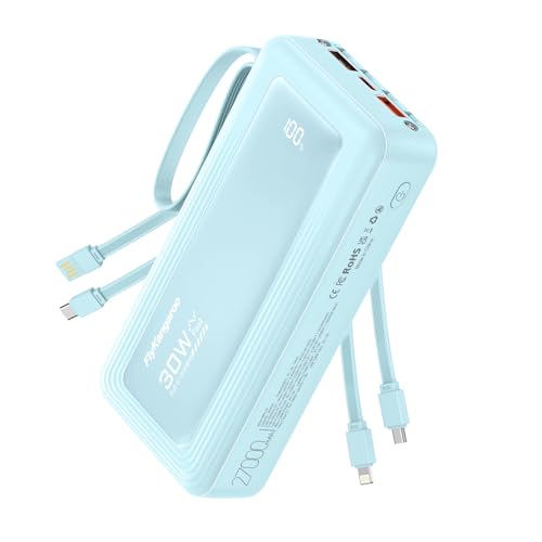 Portable Charger with Built-in Cables, 27000mAh Slim 30W Fast Charging Power Bank with LED Display, USB C Battery Pack 6 Outputs & 2 Inputs, Travel Essential Charger for iPhone, Samsung, Google etc - color: Sky Blue, size: 27000Mah