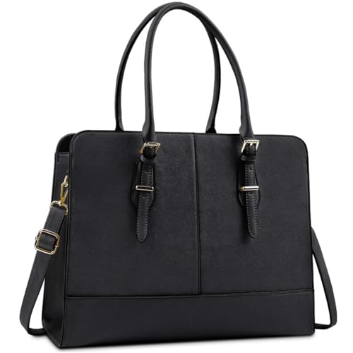 Laptop Bag for Women 15.6 Inch Leather Work Tote Briefcase Business Computer Shoulder Bag Large Capacity Waterproof Office Messenger Handbag Professional Teacher Nurse Carryall - color: Black