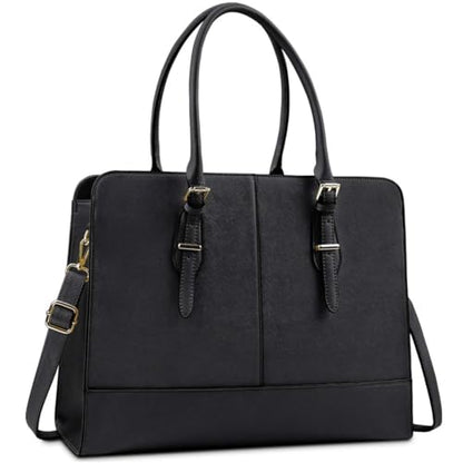 Laptop Bag for Women 15.6 Inch Leather Work Tote Briefcase Business Computer Shoulder Bag Large Capacity Waterproof Office Messenger Handbag Professional Teacher Nurse Carryall - color: Black