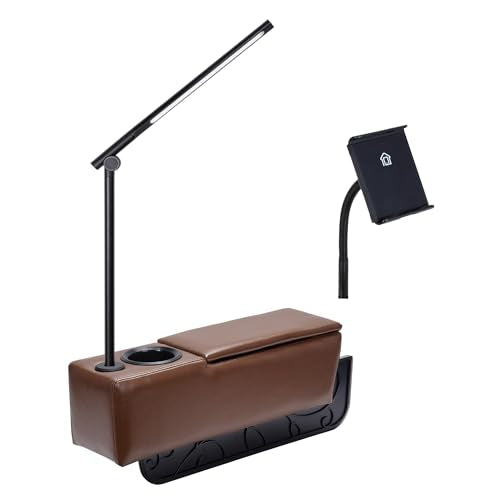 Removable Sofa Armrest with Cup Holder, PU Leather Multifunctional Couch Arm Organizer with Wireless Charging & LED Reading Light for Living Room Sofa - color: Latte, size: PU Leather-1 CUP