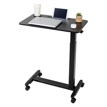 Adjustable Overbed Table with Wheels, Over Bed Tray with Cup Holder | Rolling Medical Adjustable Height Standing Laptop Desk, Portable Hospital Bedside Tables, Pneumatic Computer Cart| Black - color: Black