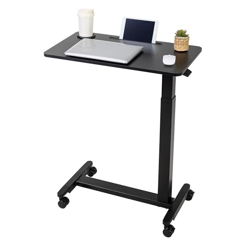 Adjustable Overbed Table with Wheels, Over Bed Tray with Cup Holder | Rolling Medical Adjustable Height Standing Laptop Desk, Portable Hospital Bedside Tables, Pneumatic Computer Cart| Black - color: Black