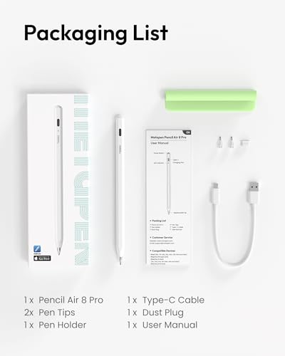 Metapen Pencil Air8 Pro for iPad 2018-2026, Ultra-Quiet, 2X Fast Charging, Palm Rejection Stylus Pen for iPad a16/11/10/9/8/7/6th Gen, Pro 12.9/11/13-inch M4, Air 3/4/5/M2/M3/M4, Mini 5/6th - style: Air8 Pro