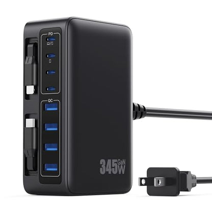 345W USB C Charger 10 in 1 Retractable Wall Charger with 2 Cables,GaN 6 USB C Charging Station Phone Charging PD Laptop Charger Adapter for MacBook Pro/Air,DELL,iPhone17/16/15,Galaxy S24,Android etc - color: Black, size: 345W