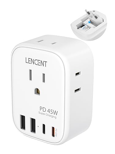 LENCENT European Travel Plug Adapter, PD 45W Type C Foldable Power Plug | with 4 Outlets 4 USB Ports, USB Fast Charger Adaptor, Power Adaptor for US to Most of Europe EU Spain Italy France Germany - style: Type C-45W-Most of Europe