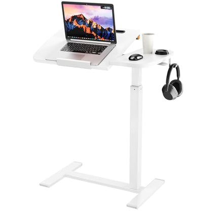 Overbed Table with Wheels, Pneumatic Height and Tilting Desktop | Top Tilts 0-60° with Anti-Slip Stops, Hook, Capacity 66 lbs, 1.18 in Low-Profile Base Slides Easily Under Beds and Sofa - color: White