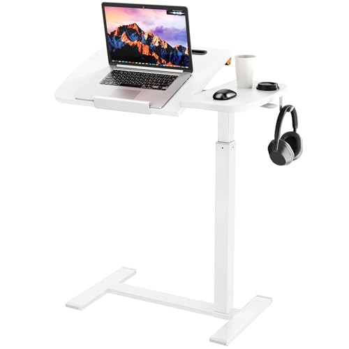 Overbed Table with Wheels, Pneumatic Height and Tilting Desktop | Top Tilts 0-60° with Anti-Slip Stops, Hook, Capacity 66 lbs, 1.18 in Low-Profile Base Slides Easily Under Beds and Sofa - color: White