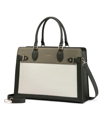 LOVEVOOK Laptop Bag for Women, 15.6 Inch Large PU Leather Tote Bag, Professional Teacher Work Bag, Waterproof Business Computer Briefcase, Shoulder Tote Purse for Office - color: Dark Green-light Green-beige, size: 15.6 Inch