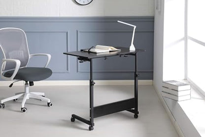 Mobile Overbed Table with Wheels – Adjustable Height Tiltable Desktop for Laptop, Eating & Writing (Black)