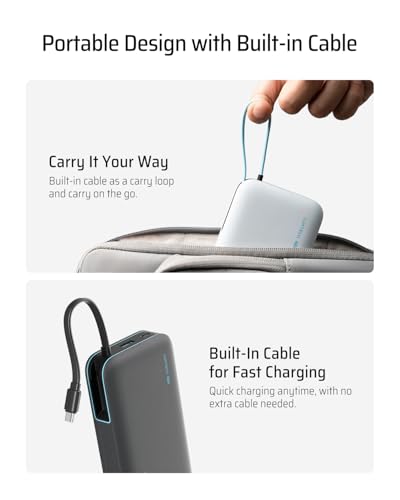 CUKTECH 45W Power Bank 20000mAh, Portable Travel Charger Built-in USB C Cable, Fast Charging Battery Pack for iPhone 16/15/14/13, iPad, Samsung Galaxy, Google Pixel, Android and More (Gray) - color: Gray