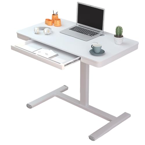 Over The Bed Table with Wheels and Drawer Artificial Board Bedside Table, Hand Crank Lift Computer Bedside Table, Mobile Study Bedside Table, for Home, Office(White,90 * 50 * 70 cm) - color: White, size: 90*50*70 cm
