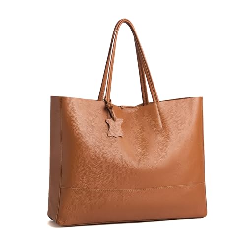 Italian Leather Tote Bag for Women - Large Shoulder Shopper, Fits 16” Laptop, Keychain Holder, Made in Italy - color: Dark Brown