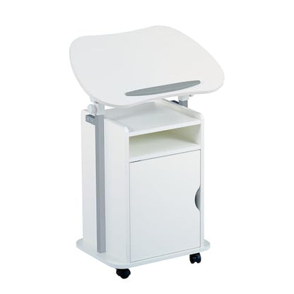 Techni Mobili Adjustable Laptop Cart w/Storage, Rolling Mobile Desk, White | Adjustable laptop cart with storage cabinet, shelf, locking wheels, sit‑stand height for home office, bedside, classroom - color: White