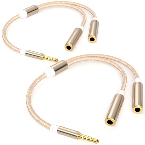 3.5mm TRRS Splitter for 2 Headphones 1FT 2-Pack, Support Audio & Mic, Gold | 3.5 mm Aux Jack Cable 1 in 2 out, Double 1/8" Stereo Female Adapter,Headset Split Y Cord 2 Way for Phone/Tablet/Laptop/PC/MP3 - color: Gold