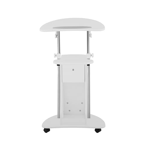Techni Mobili Adjustable Height Rolling Laptop Cart with Storage, White | Adjustable height rolling laptop cart with storage, open shelf, wheels, sit‑to‑stand ideal for podium office medical use - color: White